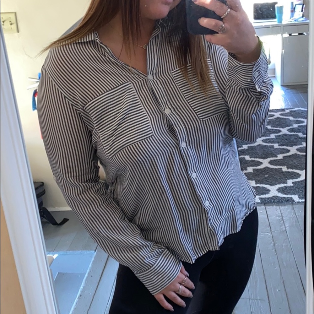 White and grey striped button up